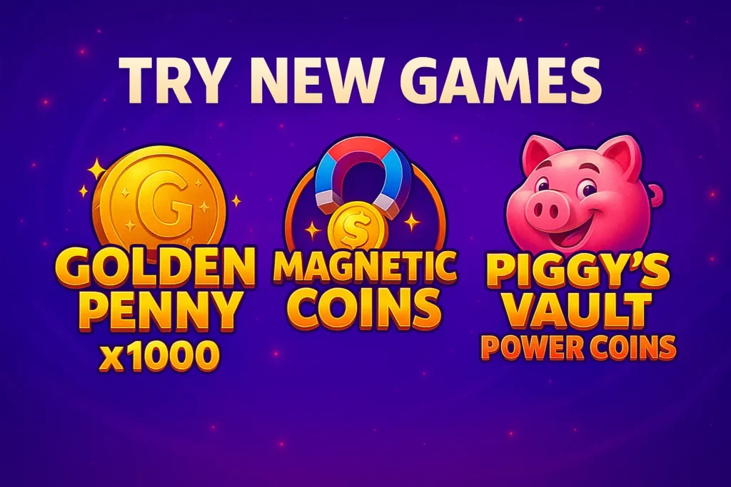 Try new games: Golden Penny x1000, Magnetic Coins & Piggy’s Vault Power Coins